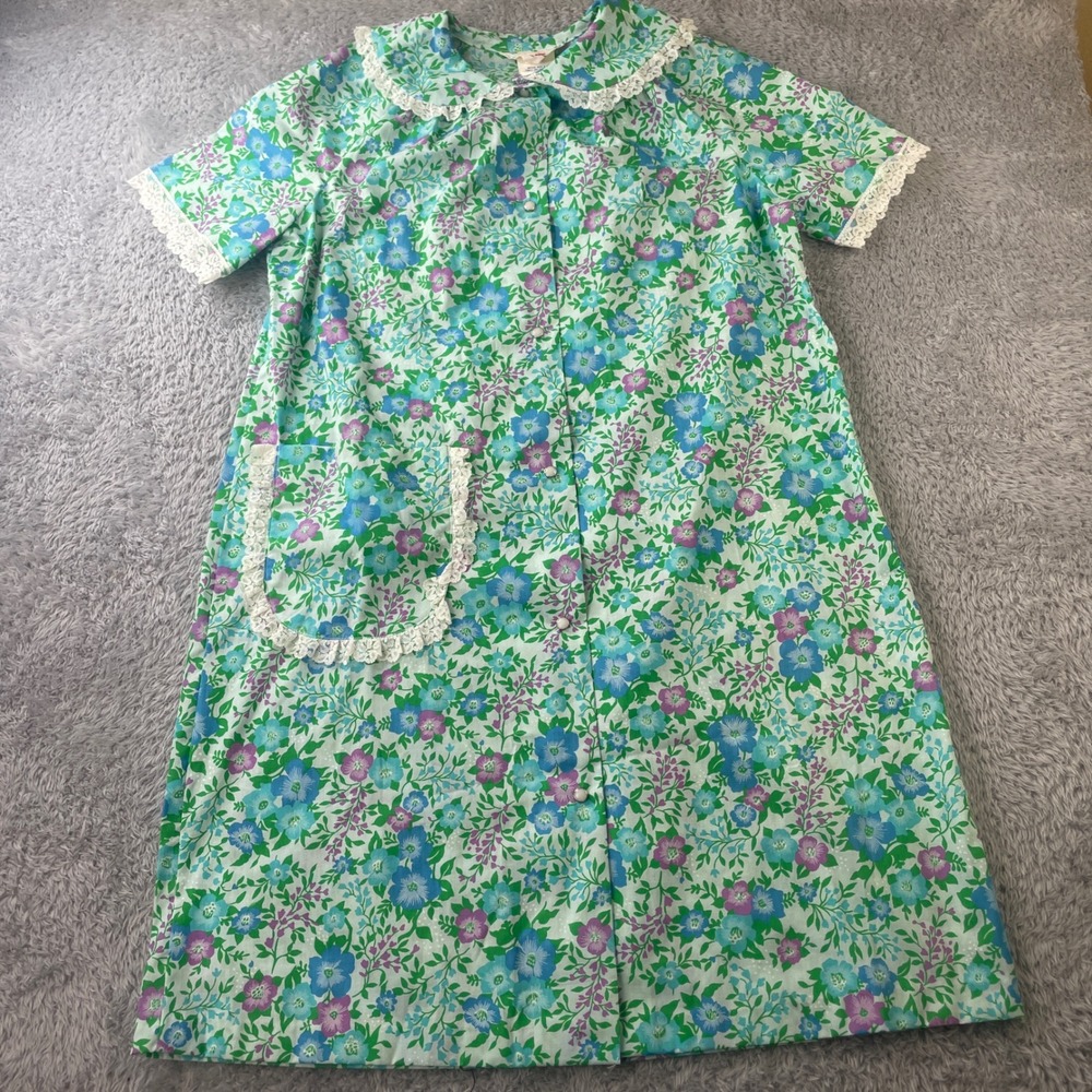 Leisure Time House Dress Women 10 Blue Floral Vintage Lace Trim Pearl Snap Robe